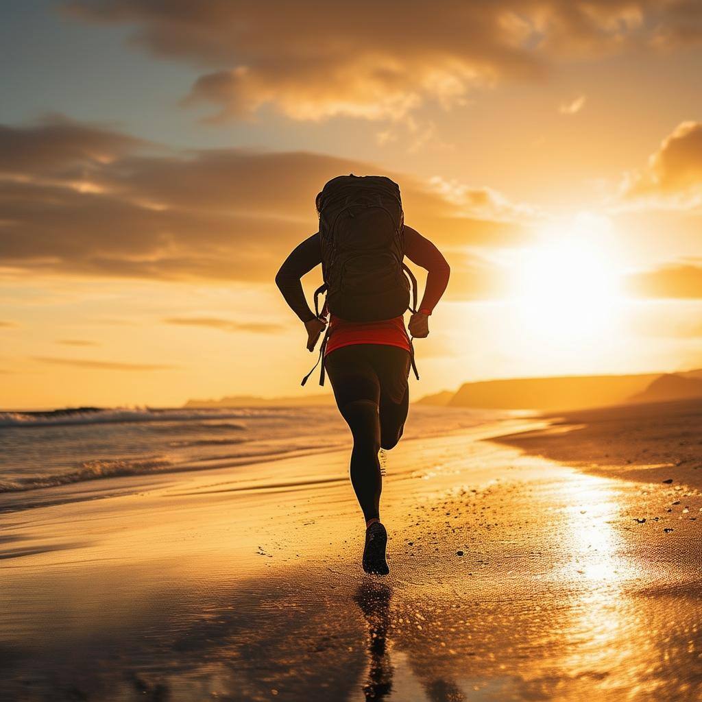 A person doing a crossfit type workout with a rucksack on their back, similar in style to GoRuck, on a beach with scenic view of the beach and water